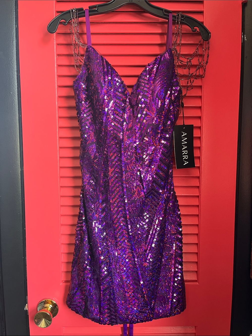 Amarra Purple Sequin Spaghetti-Strap Prom Dress